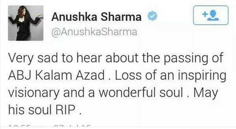 Anushka Sharma Wrong Tweet for APJ Abdul Kalam 2
