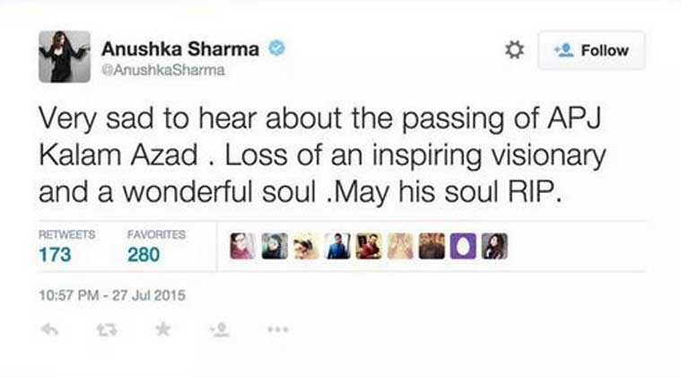 Anushka Sharma wrong tweet about APJ Abdul Kalam